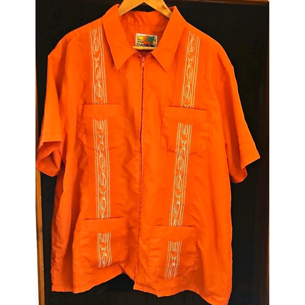 Haband Men's Orange Solid Guayabera Zip Front Collared Short Sleeve Shirt XL